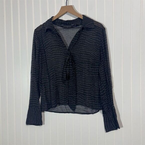 Express Tops - VTGY2K Express Silk Sheer Croc Print Tie Front Blouse Top Black Gray Size 9/10